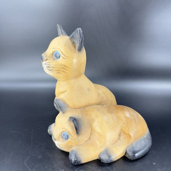 Vintage Hand Carved Wood Kitty Cat Figurine Brown With Blue Eyes Cats Figure - Picture 14 of 14